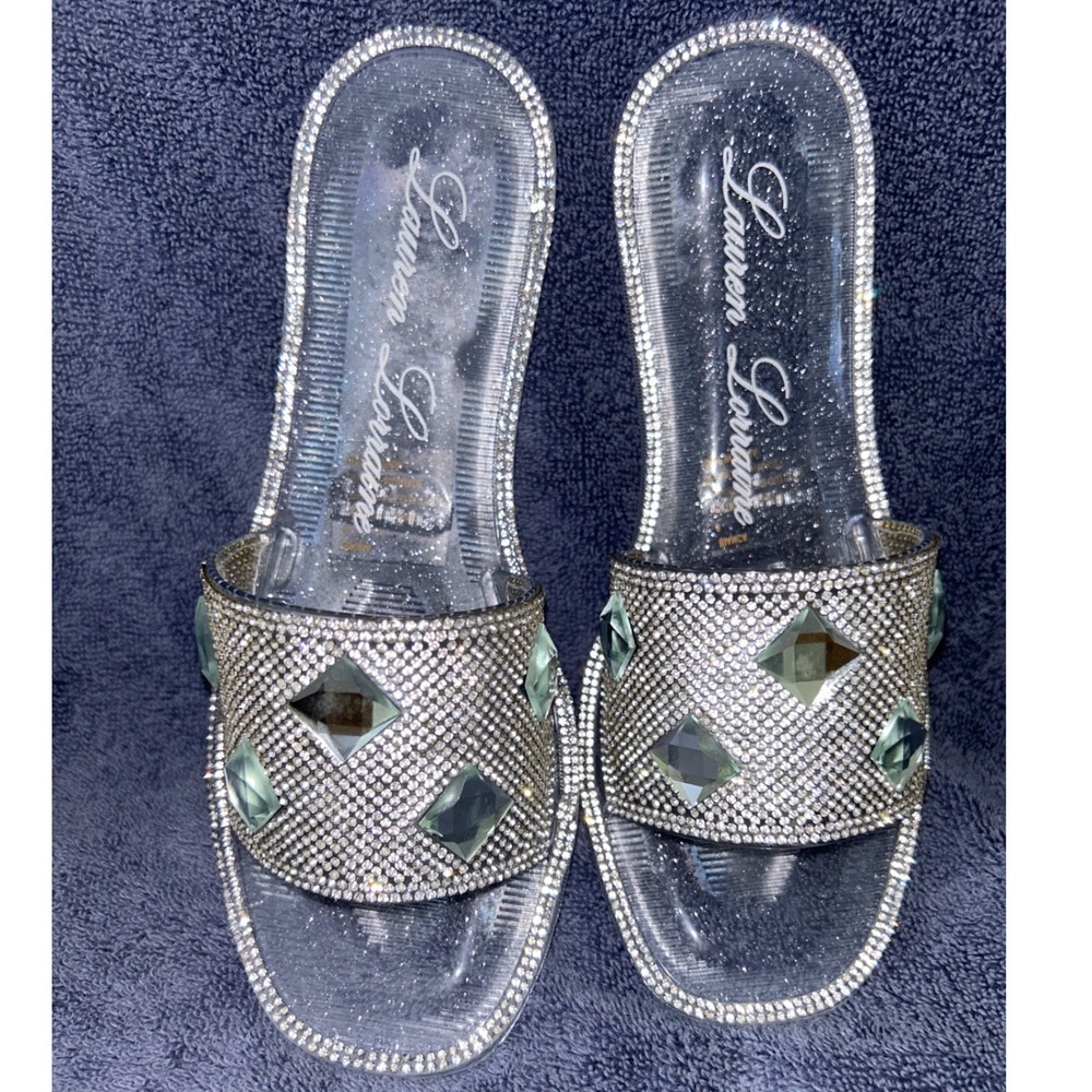 Lauren Lorraine Bianca Rhinestone Embellished Clear Slide Sandals 6
